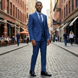 New 2026 Mens 3pc Plaid Windowpane Dark Blue Suit Set, Hybrid Fit (H2)